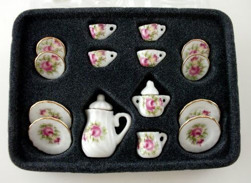 Dolls House Miniature Dining Accessory Pink Floral Gold Edged Dinner Set by Town Sqaure Miniatures
