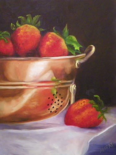 Kitchen Art 9" x 12" Original Hand Painted Oil on Wood Panel (framed). Strawberries and copper colander "Strawberry Licious"