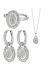 BRI Jewelry Sterling Silver Oval Shape W/ Clear Micropave Cubic Zirconia Set - Pendant - Dangle Earring - Ring Size 8