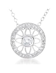 Vintage Style Filigree Art Deco C.Z. Rhodium Pltaed Sterling Silver Round Pendant