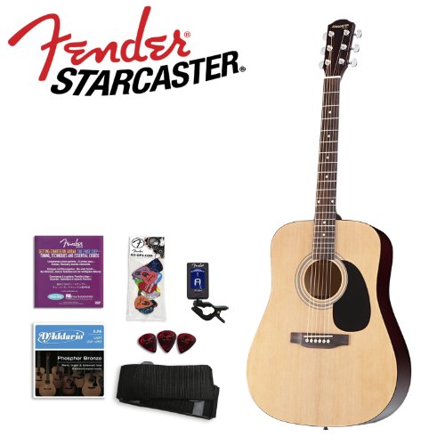 Fender Starcaster Natural Acoustic Guitar Kit (091-6000-021) with Strings, Strap, Instructional DVD, and Planet Waves/GoDpsMusic 16 Pick Sampler