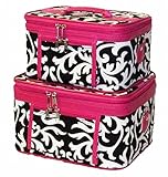 Train Case Cosmetic Toiletry 2 Piece Luggage Set Damask Hot Pink Trim