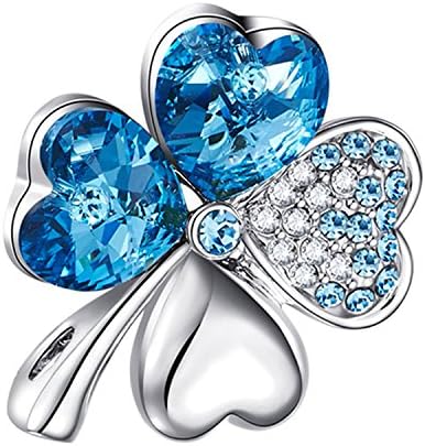 Yucyun Women's Classic Four Leaf Clover Heart Shaped Austrian Element Crystal Brooch Pin (Sea Blue)