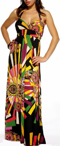 Maxi Boho Caribbean Summer Halter Celeb Beach Party Long Dress, Medium