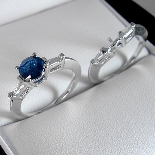 14k White Gold Wedding Bridal Band Set Blue Sapphire with Baguette White Diamond Accents Ring (1.70 ctw, Blue Color, clear Clarity)