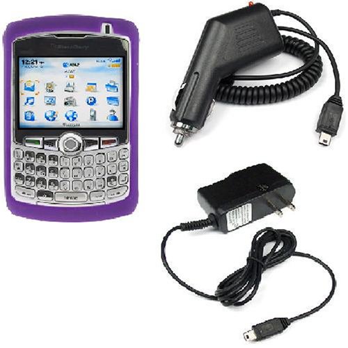 Purple Durable Silicone Skin Soft Case + Car Vehicle Charger + Home Wall Ac Travel Charger for Blackberry 8300 8310 8320 8330 Curve Cell Phone