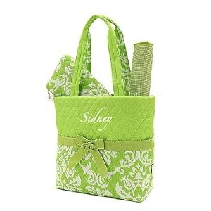 Quilted Damask Lime and White Monogrammed Diaper 3pc Diaper Tote