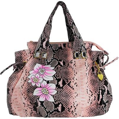 Womens Pink Snakeskin Flower Designer Handbag