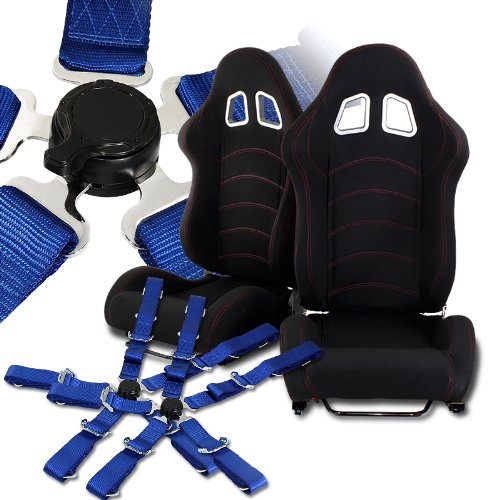 Universal JDM Black Reclinable Racing Seats with Red Stitching and BLUE 5 Point 2
