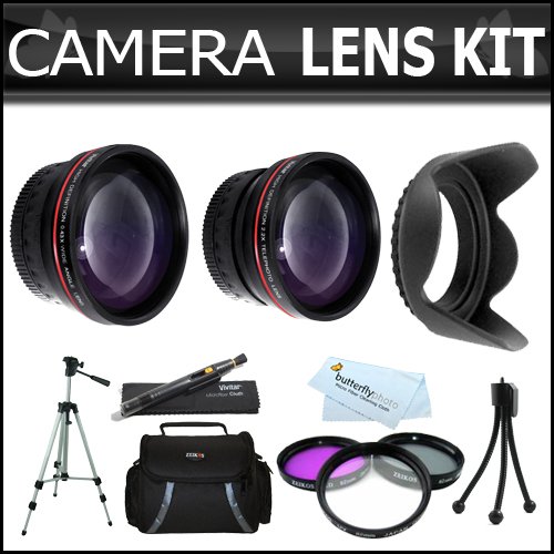 58mm 2x Telephoto and .45x Wide Angle Lens Kit + (3) Filters (UV-CPL-FLD) + Case + 62mm Hard Lens Hood + Tripod + Accessories Kit For Canon VIXIA HF S21, HF S20, HF S200, HF S30 Dual Flash Memory Camcorder