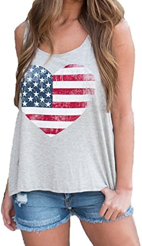 MAKIYO Women's Fashion Love Heart USA American Flag Print Tank Top Shirt Gray L