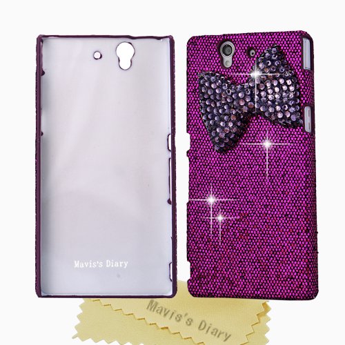 Mavis's Diary 3D Handmade Crystal Dark Purple Bow Diamond Rhinestone Design Bling Case Cover for Sony Xperia Z, Sony Xperia Z L36h with Soft Clean Cloth