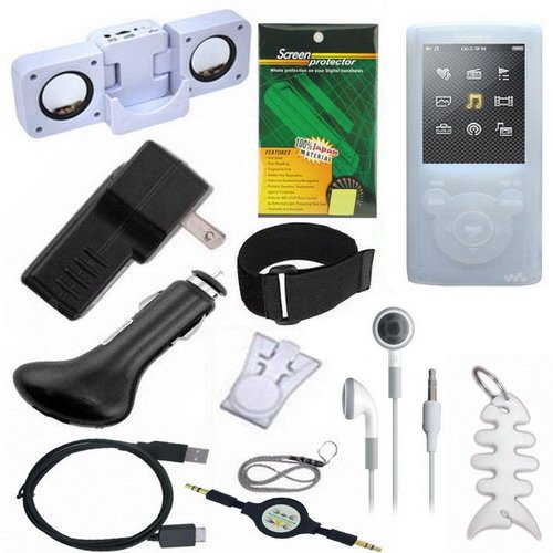 12 Pieces Premium Sony Walkman Accessories Combo Bundle Pack: Clear/White Silicone Skin Case , USB 2in1 Data Sync Cable, USB Car Charger, USB Wall / Travel / AC Adapter Charger, Portable Foldable Speaker Dock, Adjustable Armband, Belt Clip, Lanyard, Scree
