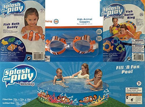 Clown Fish Theme Fill N Fun Pool with Kids Fish Goggles, Swim Ring and Bath Buddy Bundle (4 Items)
