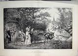 1876 EN FETE NORMANDY DONKEY FAMILY COUNTRY SCENE ART