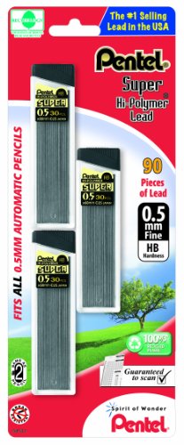 Pentel Super Hi-Polymer Lead Refill , 0.5  mm Fine, HB, 90 Pieces of Lead (C25BPHB3-K6)