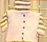 Knitted on Hand Knitting Machine Finished By Hand Crochet Baby Pink Cotton with Tweed Stripe Infant Girls Cardigan, Hat Set Sleeves and Hat with Four Stripes