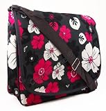 Womens Girls Floral School College Uni Travel Work A4 Messenger Shoulder Bag (Black/Grey/Pink/Purple) (Black)