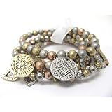 Antique Style Tri Tone Metal Ball and Charm Stretch Bracelet