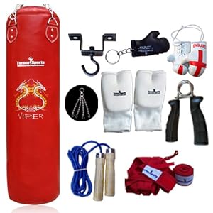 Vinyl Red Punch Bags Set 4 Feet With Free Chrome Plated Chain, Bag Mitts, Heavy Dute Metal Ceiling Hook, Nylon Skipping Rope Blue, Boxing Glove UK Flagged Miniature And Novelty, Boxing Gloves Key Chain Black And Red Hand Wraps