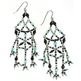 Beaded Chandelier Earrings, Turquoise Blue and Black Crystal Beads, 3.25 Inches Long