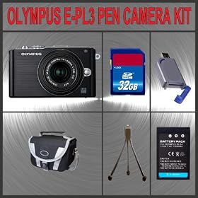 Olympus PEN E-PL3 Digital Camera (Black) W/14-42mm Lens + Huge Accessories Package Including 32GB SDHC Memory Card + High Capacity PS-BLS-1 Replacement Lithium-Ion Battery + Hi-Speed SD Card Reader + Carrying Case + Table Top Tripod Kit