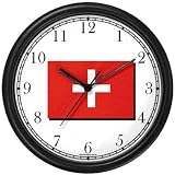 Product details for Flag of Switzerland - Swiss Theme Wall Clock by WatchBuddy Timepieces (Black Frame)