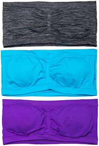 CC Girls 2 or 3 Pack Bandeau Bra with Removable Pads Includes Clear Straps (Large, 3PK: Turq/Purple/Grey)