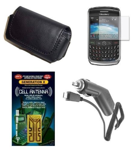 Cell Phone Accessories Bundle for T-Mobile RIM Blackberry 8900 Curve / Javelin (Includes; Premium Leather Side Carry Case, Rapid Car Charger, Custom LCD Screen Protector, Generation X Antenna Booster)