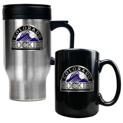 MLB Colorado Rockies Stainless Steel Travel Mug & Black Ceramic Mug Set - Primary Logo