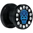 0 Gauge Black Acrylic Gem Blue Sugar Skull Art Screw Fit Plug