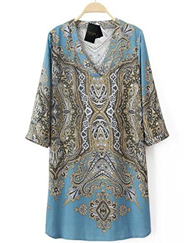 YeeNoke®エスニックな雰囲気たっぷりのワンピエスニック　ペイズリー　ワンピ　Vネック　アジアンプリント　総柄　Aライン　ワンピ　ロングチュニック　ゆったり7分袖 S M L