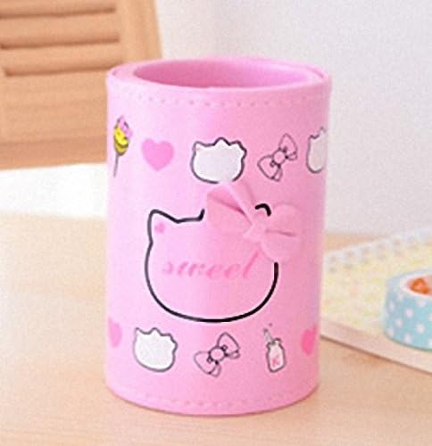 Pink Hello Kitty PU Leather Pen Holder Pen Container Cute Hello Kitty Storage Brush Pot Creative Desk Organizer Office Desk Accessories (KT head)