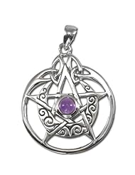 Sterling Silver Crescent Moon Pentacle Pentagram Pendant with Circle and Amethyst by Dryad Design