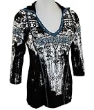 Vanilla Sugar - Skinny Minnie Wynonna 3/4 Sleeve, V-Neck, Hoodie Fashion Top, Copper Rivets, Rhinestone Studded, 100% Cotton - Black