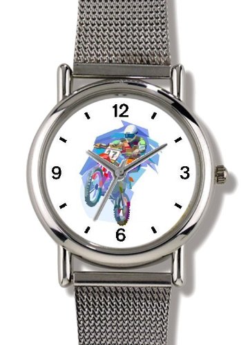 Motocross Racer Motorcycle Theme No.2 - WATCHBUDDY® ELITE Chrome-Plated Metal Alloy Watch with Metal Mesh Strap-Size-Large ( Men's Size or Jumbo Women's Size )