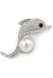 Clear Crystal, White Pearl Dolphin Brooch In Silver Tone Metal - 45mm L