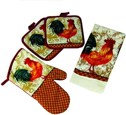 Kitchen Linens Collection Top Quality Quilted Cotton Pot Holder and Oven Mitt Set With Bonus Kitchen Towel, Assorted Kitchen Themes and Colors, 4 Piece Set (Rooster - Red Teal)
