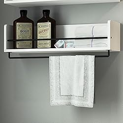 White Rustic Bathroom Wood Wall Shelf with Metal Rail Also Multi Use Can Be Used in Living Room or Bedroom Wall Shelf