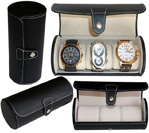 3 WATCH BRACELETS BLACK LEATHERETTE ROLL TRAVEL COLLECTOR ORGANIZER STORAGE CASE
