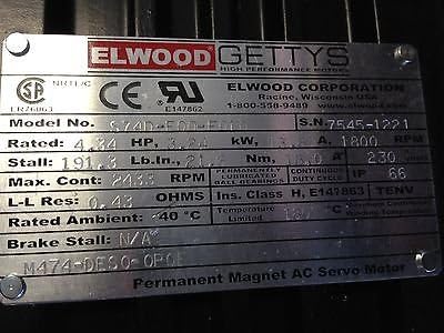 NEW ELWOOD GETTYS S74D-F00-F010 AC SERVO MOTOR,4.34HP, 800-RPM,230VAC EA