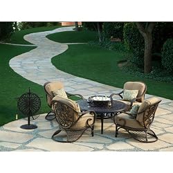 Grand Bonaire Resin Weave 6 Pc Fire Pit Patio Chat Set - Chairs Table New