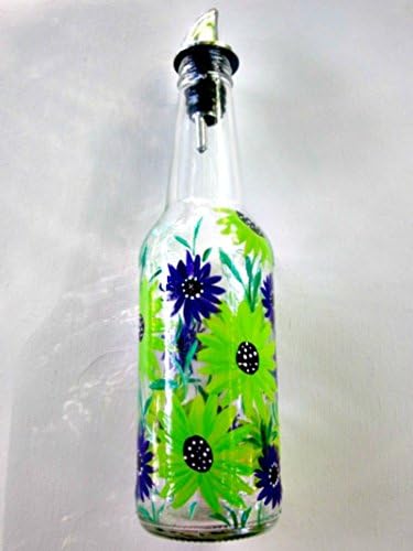 Dish Soap Dispenser, Oil and Vinegar Bottle, Hand Painted Glass Bottle, Kitchen Decoration, Lime Green and Purple Flowers