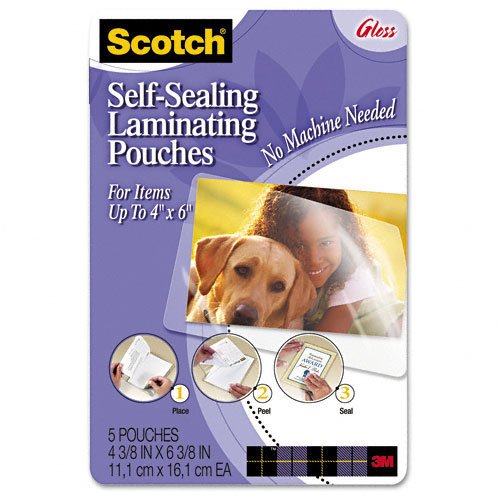 Scotch Products - Scotch - Self-Sealing Laminating Pouches, 9.5 mils, 4 x 6, Photo Size, 5/Pack - Sold As 1 Pack - Instant lamination without a machine. - Nonglare finish. - Photo-safe, acid-free permanent protection.