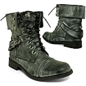 New Black Army Military Combat Worker Buckle Flat Lace Ankle Boots Sz 3-8