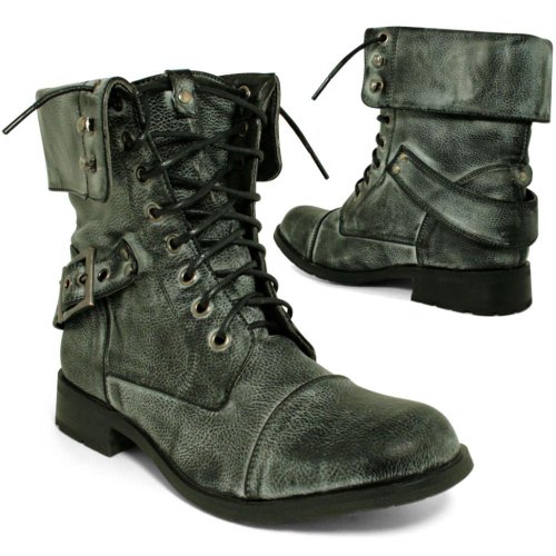 New Black Army Military Combat Worker Buckle Flat Lace Ankle Boots Sz 4