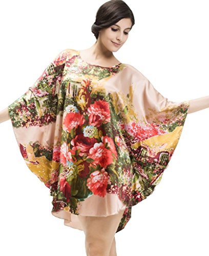 (ミネトメ)Minetom 女性 レディース 夏 ワンピース　スリップ　パジャマ　サテン面睡裙　不規則　ドルマンスリーブ　寝間着　花柄　セクシー　6色