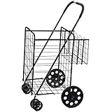 Folding Shopping Cart with Double Basket- Jumbo Size 150 lb Capacity Black, Grocery Shopping Made Easy w/ Spinning Wheels