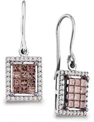 14K White Gold Princess Cut Chocolate Brown and White Diamond - Emerald Shape Halo Invisible & Channel Set Dangle Earrings - (1.00 cttw.)