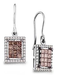 14K White Gold Princess Cut Chocolate Brown and White Diamond - Emerald Shape Halo Invisible & Channel Set Dangle Earrings - (1.00 cttw.)